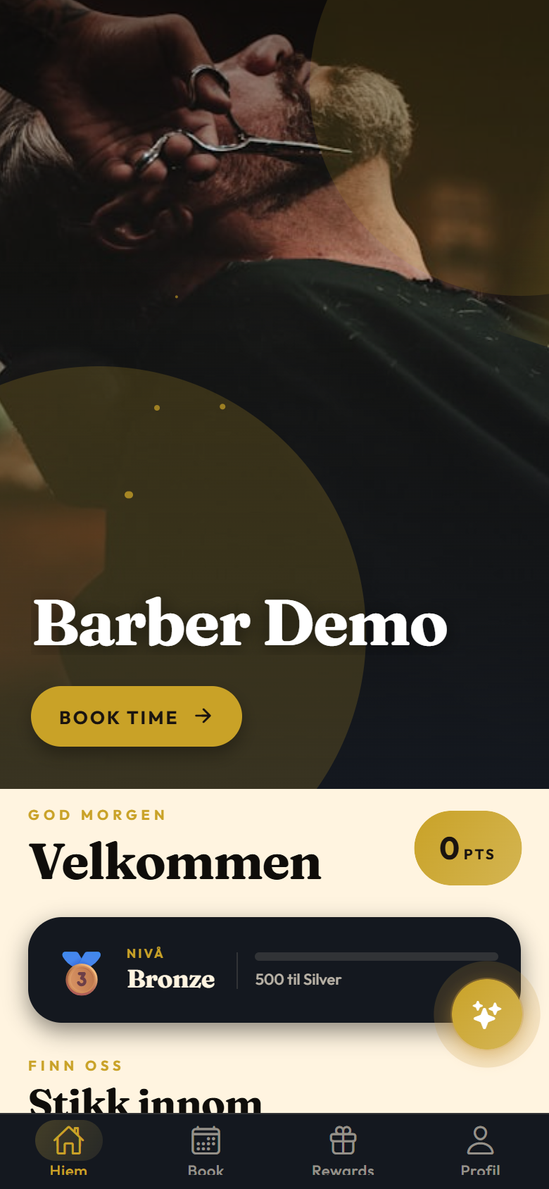 Kundexa-appen slik kundene ser den: forsiden til en barberdemo med Book time-knapp og stamkundenivå